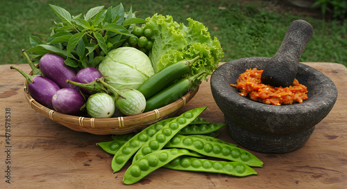 Lalapan. Fresh vegetables such as pete, lettuce or watercress, eggplant, basil and cabbage, with fresh chili paste in a mortar.