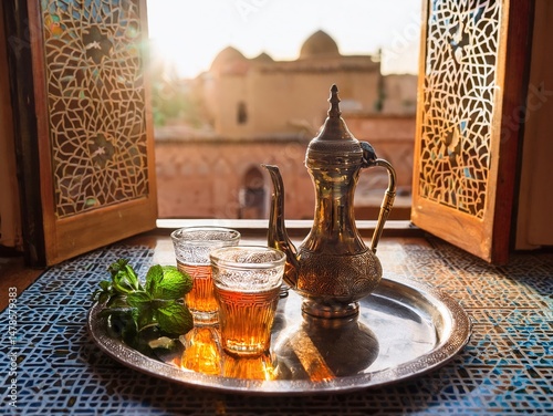 Moroccan tea scene in a traditional riad setting with patterned tiles, tea glasses glowing from sunlight, and fresh mint on a copper tray