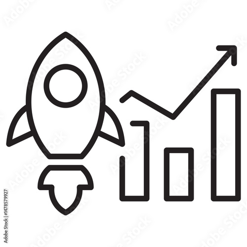 Vector illustration of rocket with graph in linear style suitable for startup growth icon