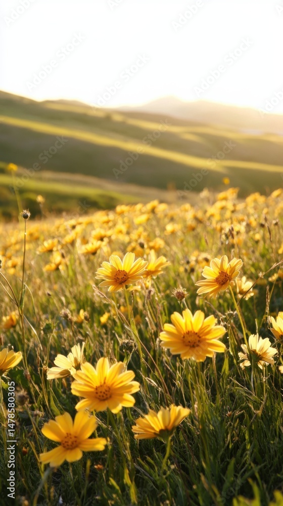 Obraz premium Golden Daisies Bloom in Meadow at Sunset, Eye-Level View of Flower Field in California, Springtime