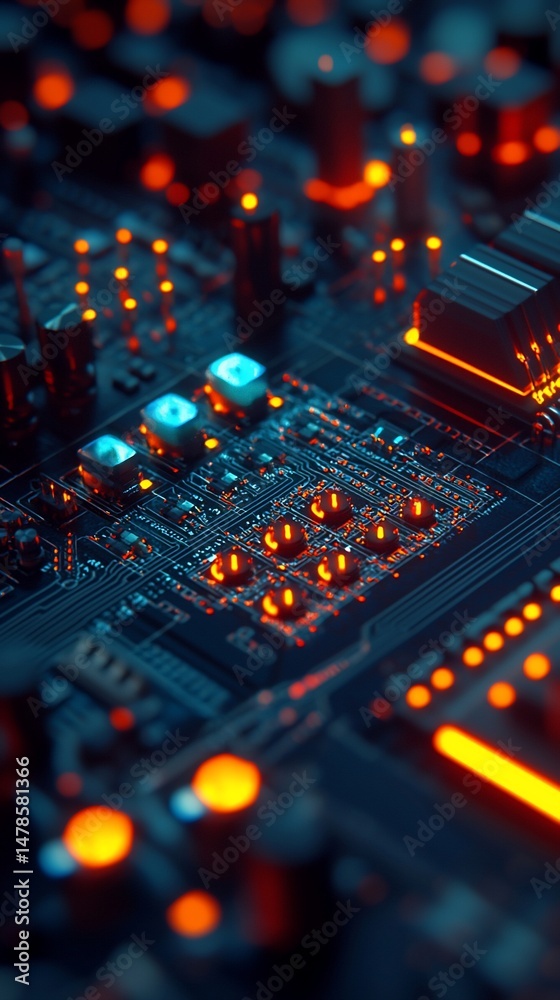 Obraz premium Close-up of intricate circuit board with glowing components showcases technology