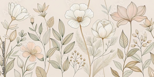 Minimalist Botanical Line Art: Elegant Floral Wallpaper & Wrapping Paper Design
