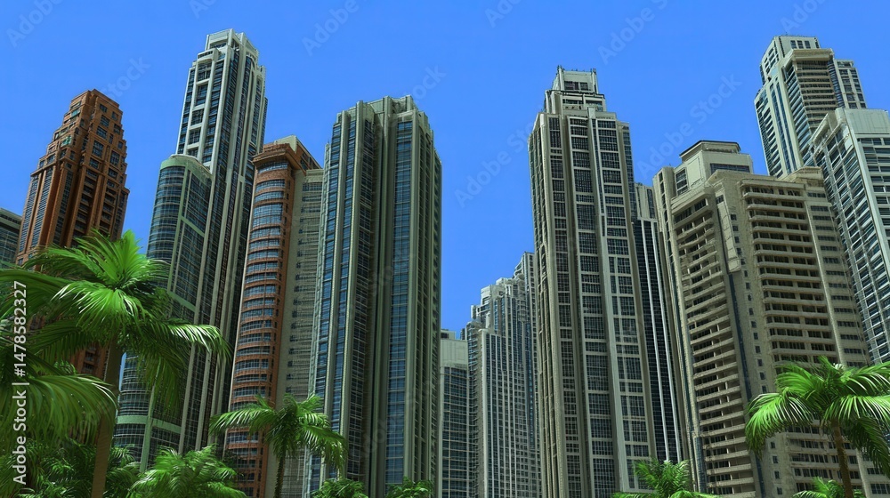 Fototapeta premium Skyscrapers rise majestically against a clear blue sky, surrounded by vibrant palm trees