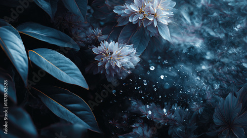 Elegant floral background with blue hues soft petals and water droplets for desktop wallpaper design
