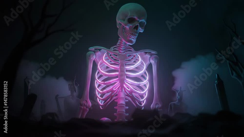 colorful, halloween, Spooky skeleton halloween garden decoration in the dark at night with red eyes, scary Halloween house, 4k slow motion video, neon lights, night, dark, 