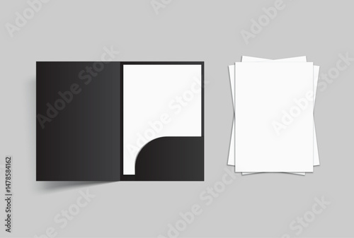 A4 paper with Single Pocket Folder, open leaflet, bifold mockup isolated on background. Blank folder paper template for business presentation document, flyer, catalogue, advertising or creative work
