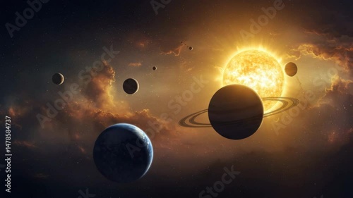 fantasy space, Spread solar system, space science, 4k animation. solar system planets orbit sun, celestial bodies in cosmic space, 