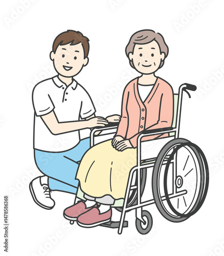 車椅子の高齢女性と介助をする男性介護士のイラスト
