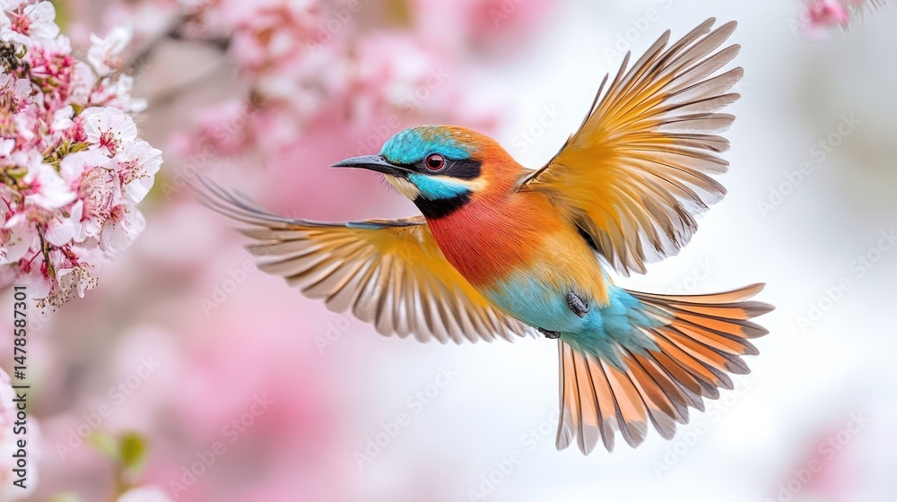 Fototapeta premium Colorful bird in flight amidst cherry blossoms
