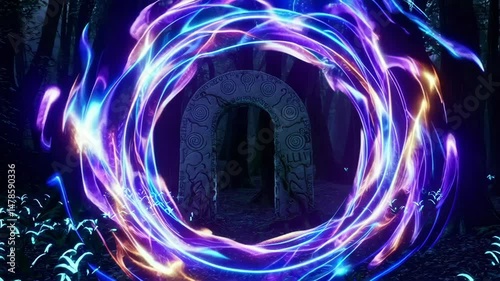 Magical portal opening in enchanted forest at night