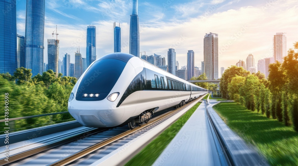 Fototapeta premium Modern High-Speed Train in Urban Landscape with Skyscrapers