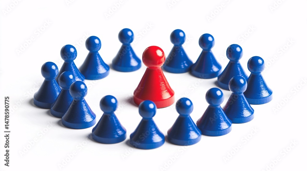 Obraz premium Central Red Pawn Surrounded by Blue Pawns: A Bold Symbol of Leadership and Individuality