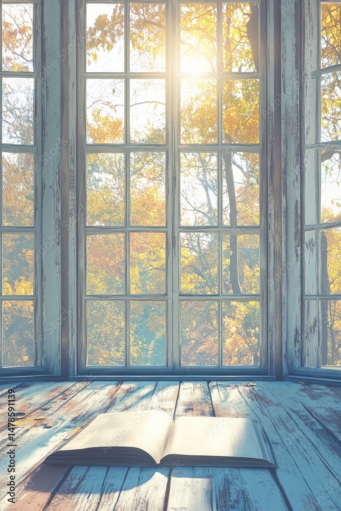 Fototapeta premium Open Book on Wooden Floor by Window with Autumn View in Sunlight, Cozy Interior Scene, Warm Tones, Relaxing Atmosphere, Reading Nook