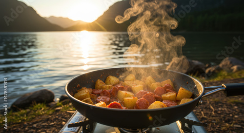 Cooking vegetables in a frying pan over a campfire by the lake  