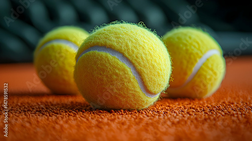 Tennis Balls Close-Up: Three vivid yellow tennis balls rest on a vibrant orange court. The dynamic shot captures the texture and details of these essential sports equipment.
