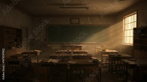 wooden desks, chalkboard, Animation empty school or university classroom with big chalkboard. 4k video, empty classroom, abandoned school classroom, vintage classroom, old school classroom,
