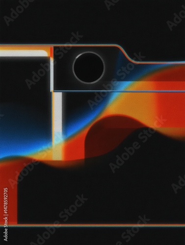 Fluid Dynamics: A captivating study in fluid dynamics, | Modern Retro Abstract with Geometric Shapes and Vibrant Color Waves on Dark bauhas style Background