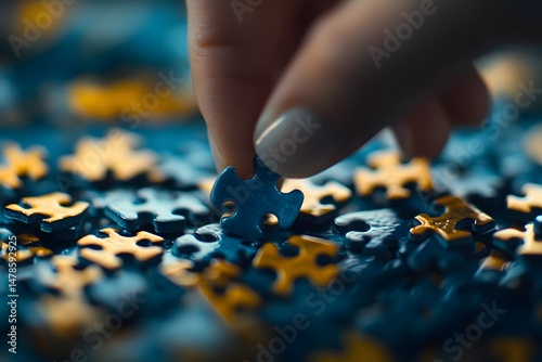 A hand placing the final piece of a blue puzzle demonstrating problem solving