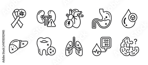 Minimal outline icons of medical diseases including cancer, kidney, liver, heart, lungs, and more. Clean, minimal, and perfect for health apps and websites.