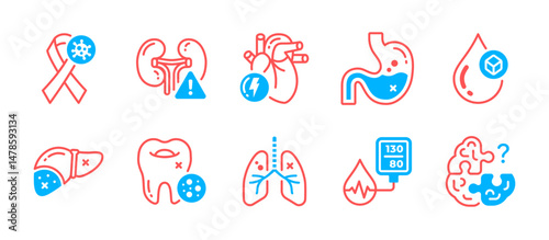 Stylish dual tone icons featuring diseases such as hypertension, blood sugar, and Alzheimer. Ideal for medical infographics and presentations.