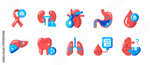 Flat color icons of medical diseases like cancer ribbon, kidney injury, heart attack, and more. Modern and simple for web or mobile healthcare designs.