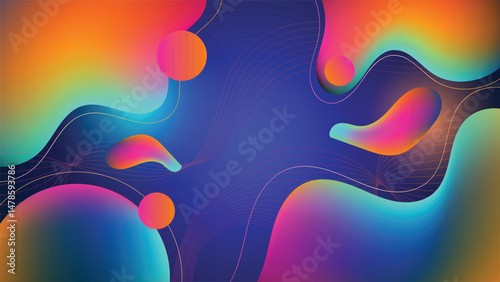 Creative abstract background with vibrant fluid shapes and gradient tones on a deep blue base