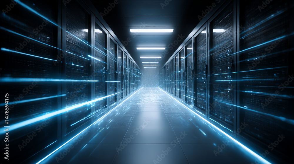 Fototapeta premium Data center server room with blue light trails and network connection for cloud computing it infrastructure