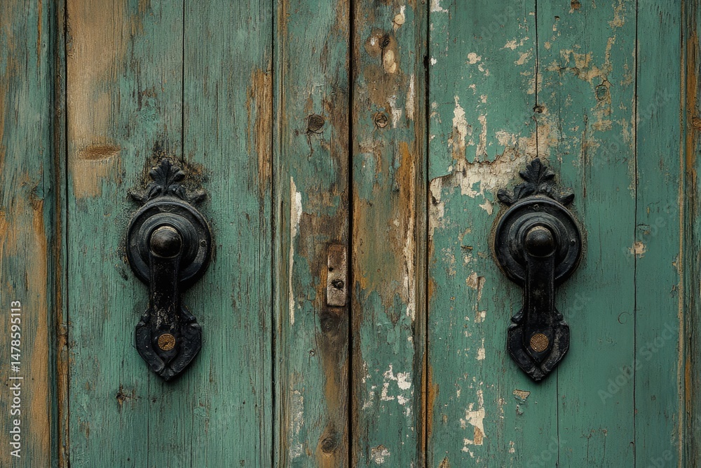 Fototapeta premium Aged teal wooden doors with ornate black handles