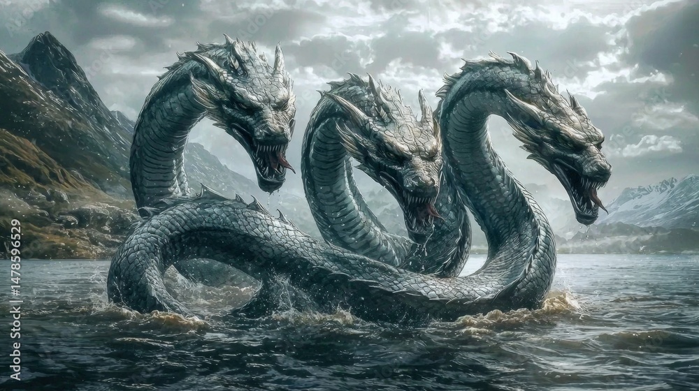 Obraz premium A captivating representation of a hydra in a serene lake environment, illuminated by noon sunlight.