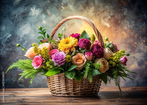 Modern Floral Basket Arrangement with Geometric Gradient Background - Stock Photo