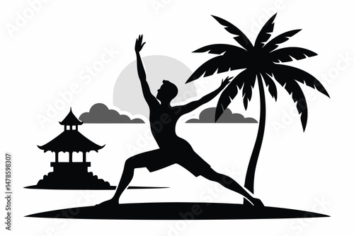 Black Silhouette Beach Yoga Bali Asana Sunset Pose Illustration