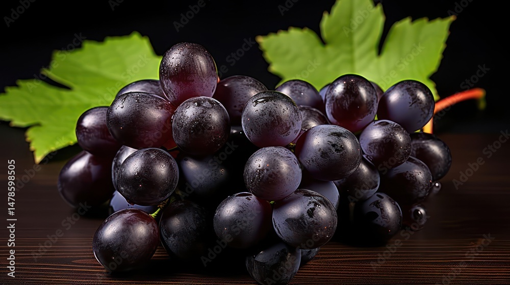 Fototapeta premium Bunch of dark grapes with green leaves on a wooden surface.