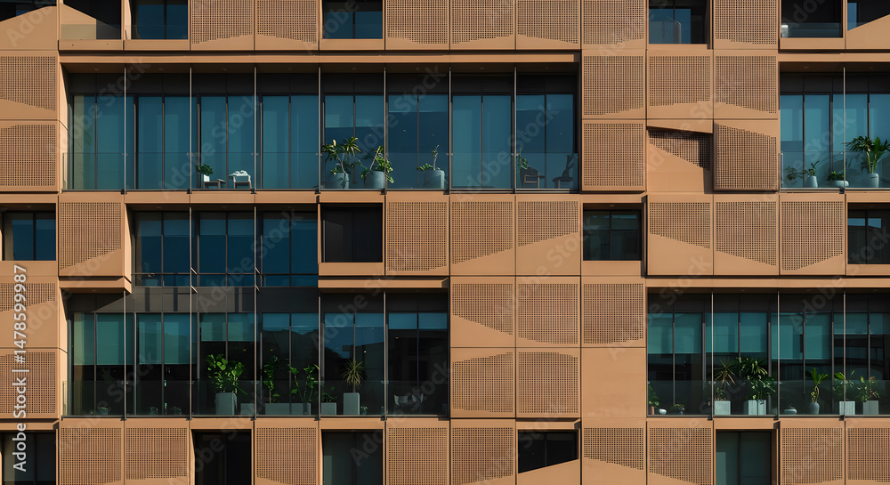Modern Building Facade with Geometric Patterns, Glass Balconies, and Green Plants – Contemporary Urban Architecture Design Modern Building Facade with Geometric Patterns, Glass Balconies, and Green Plants – Contemporary Urban Architecture Design