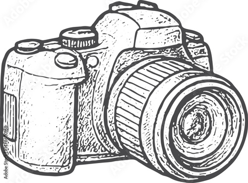 A detailed black-and-white sketch of a DSLR camera with a large lens, showcasing intricate buttons and dials, perfect for professional photography enthusiasts capturing high-quality images