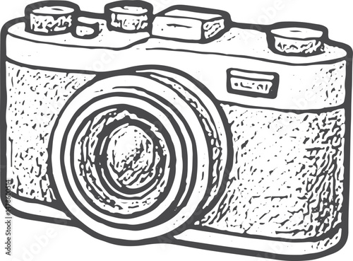 A black-and-white drawing of a vintage camera, evoking nostalgia with its classic design, ideal for film photography enthusiasts and those who appreciate the art of analog photography