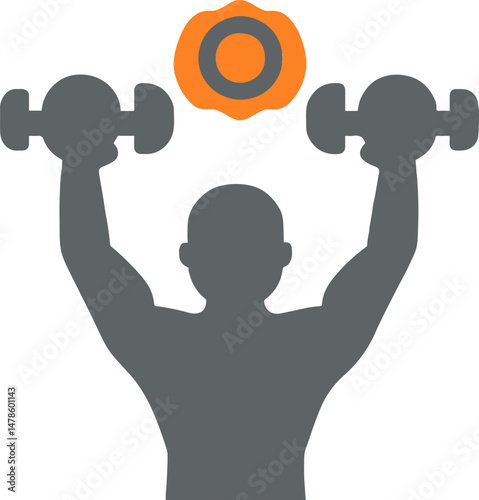 Flat minimal bold silhouette icon of person lifting dumbbells gray silhouette with an orange accent detail health wellness icon