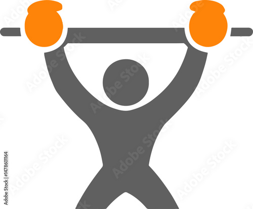 Flat minimal bold silhouette icon of person lifting dumbbells gray silhouette with an orange accent detail health wellness icon