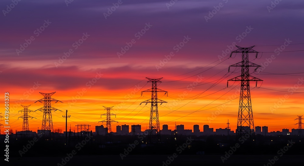 Fototapeta premium Electric Towers Silhouetted Against a Vibrant Sunset Sky