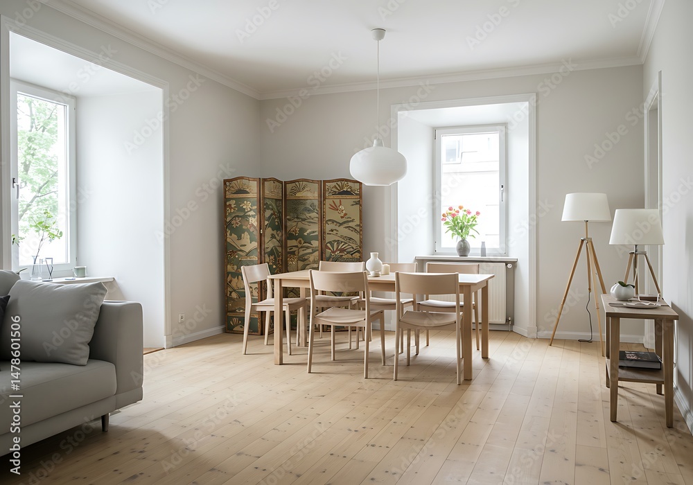 Fototapeta premium Bright dining room with wooden table, chairs and a decorative screen