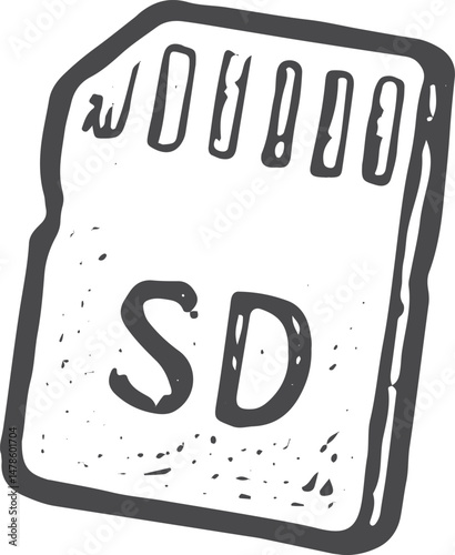 A black-and-white sketch of an SD memory card, a crucial photography accessory for storing high-quality images, perfect for digital photographers needing reliable storage solutions