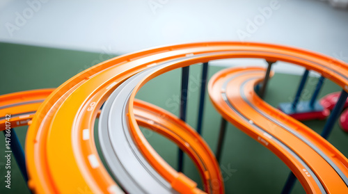Orange and gray plastic race track creating dynamic curves and loops