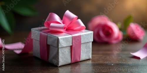 A Sparkling Silver Gift Box with a Delicate Pink Ribbon, Adorned with Lovely Roses in the Background
