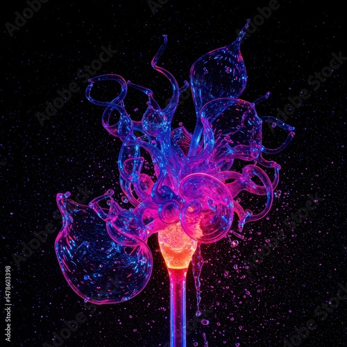 Abstract Neon Blue and Pink Liquid Splash Explosion;  Vibrant Color Fluid Art Photography