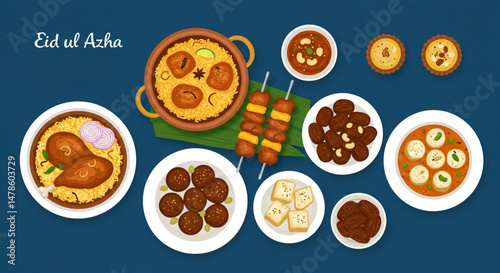 Eid ul Azha Festive Feast Still Life Flat Lay | Traditional Muslim Holiday Celebration Food Dishes on Blue Background for Social Media Marketing and Greeting Cards