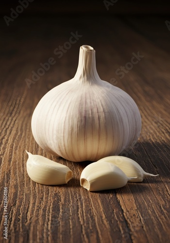 Garlic Bulb and Cloves on Rustic Wooden Surface