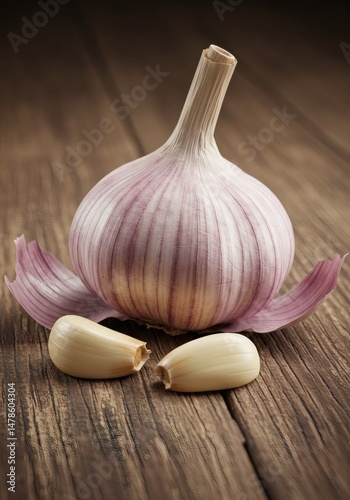 Fresh Garlic Bulb and Cloves on Rustic Wooden Table