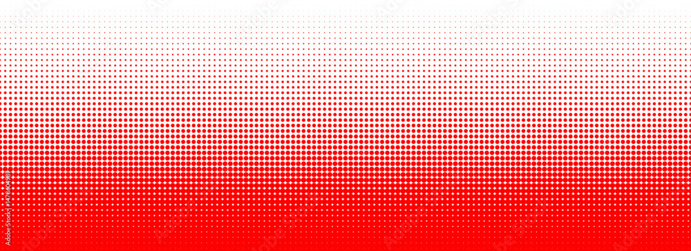 Red color halftone gradient texture. Vanishing cartoon polka dot background. Repeating dotted gradation pattern. Fading comic pop art overlay backdrop. Raster halftone effect wallpaper. Vector