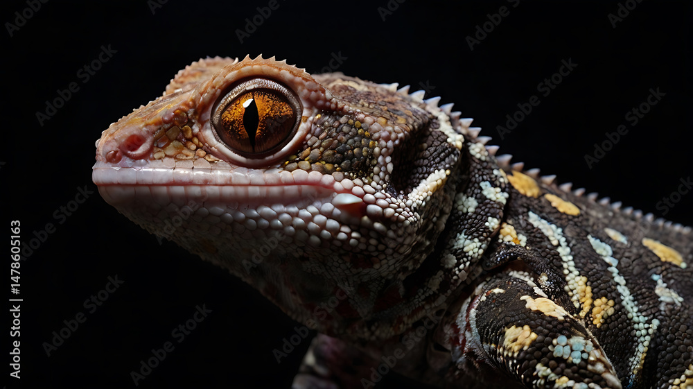 Fototapeta premium Close-up of a gecko with striking eyes and textured skin against a dark background