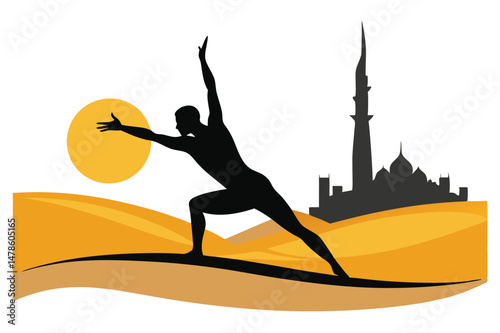 Black Silhouette Desert Yoga in Dubai Style Concept Illustration