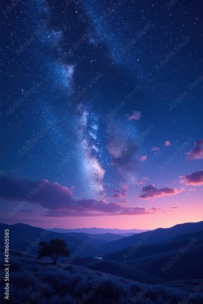 Fototapeta premium Serene Night Sky Over Rolling Hills with Solitary Tree and Lavender Fields